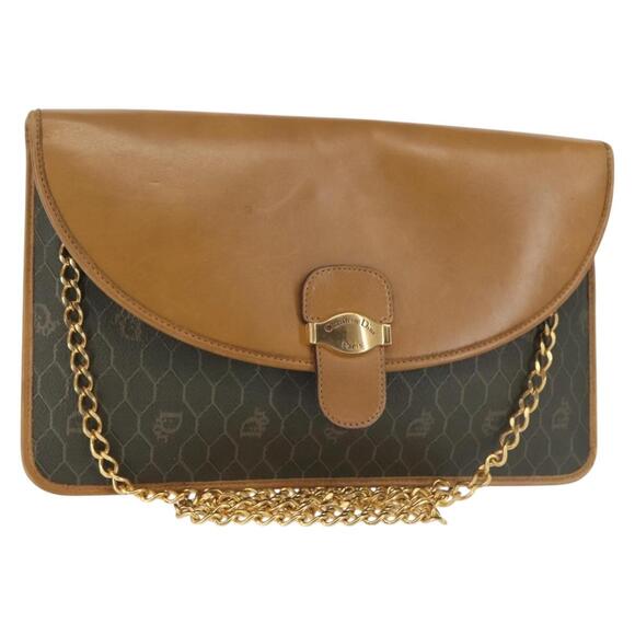 DIOR Honeycomb Canvas Chain Shoulder Bag Pvc Brown Gold - Picture 1 of 12